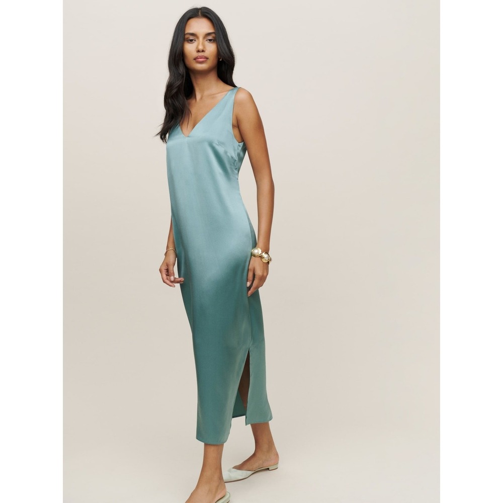 Reformation Lian‎ Silk V-Neck Midi Dress Women Size XS Green EXCELLENT